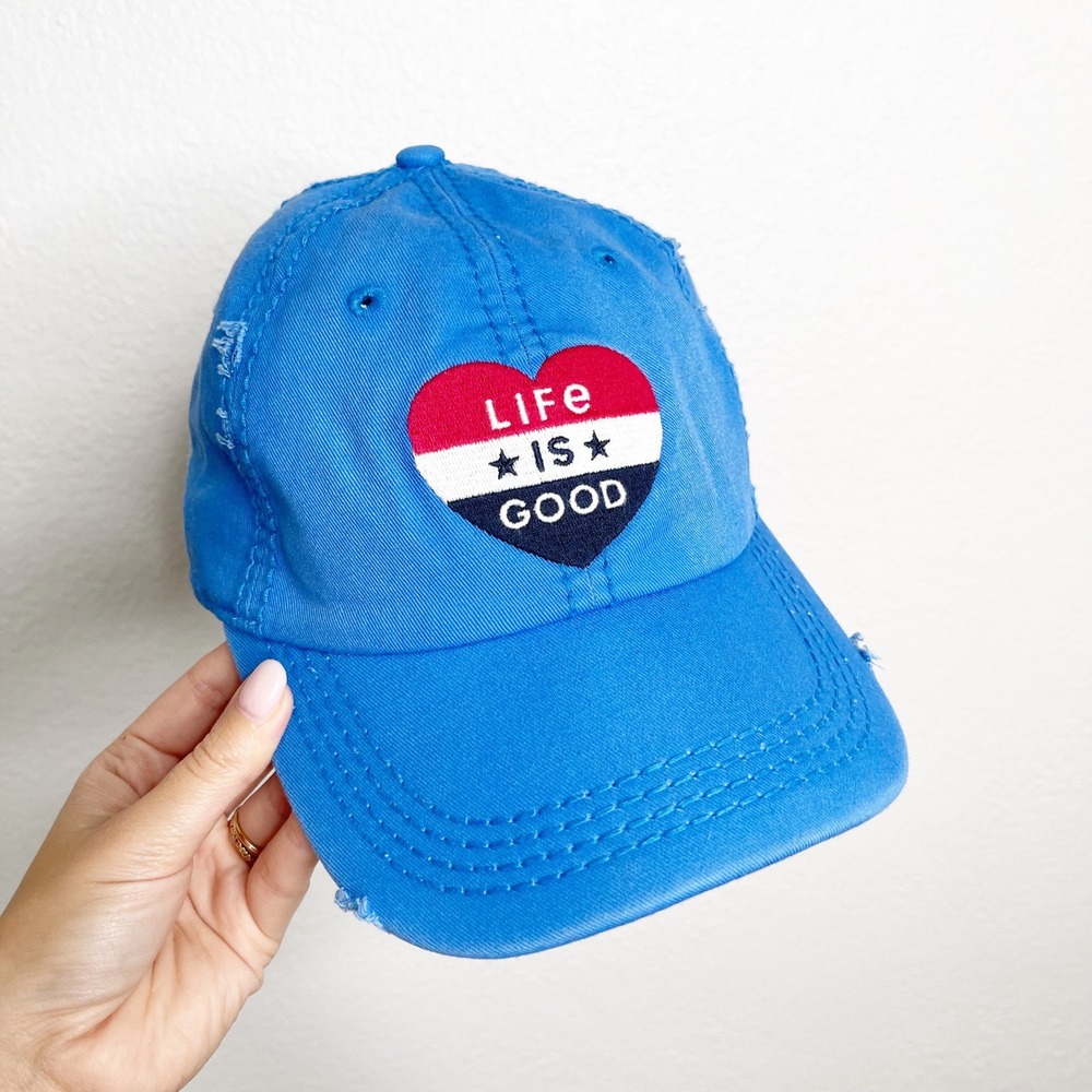 Life is Good Blue Distressed Heart Patriotic Adjustable Baseball Cap Hat